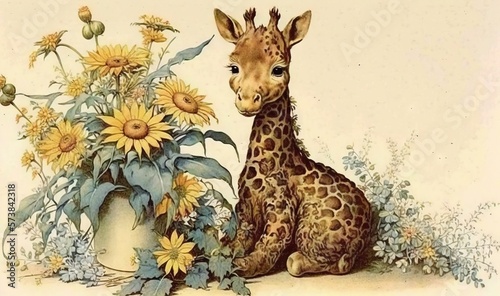  a painting of a giraffe sitting next to a vase of flowers. generative ai