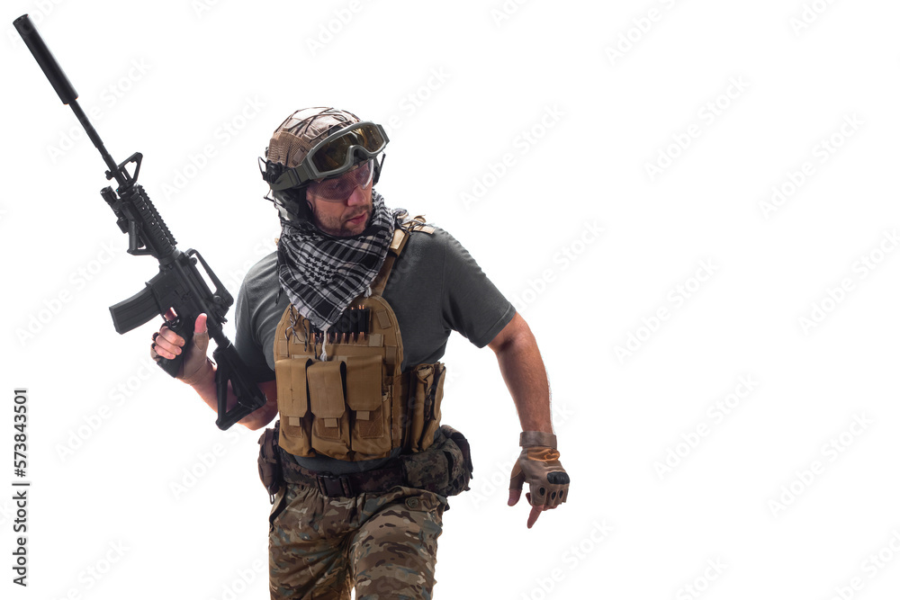 Walking mercenary soldier with an automatic rifle in his hand. Walking mercenary soldier with an automatic rifle in his hand.