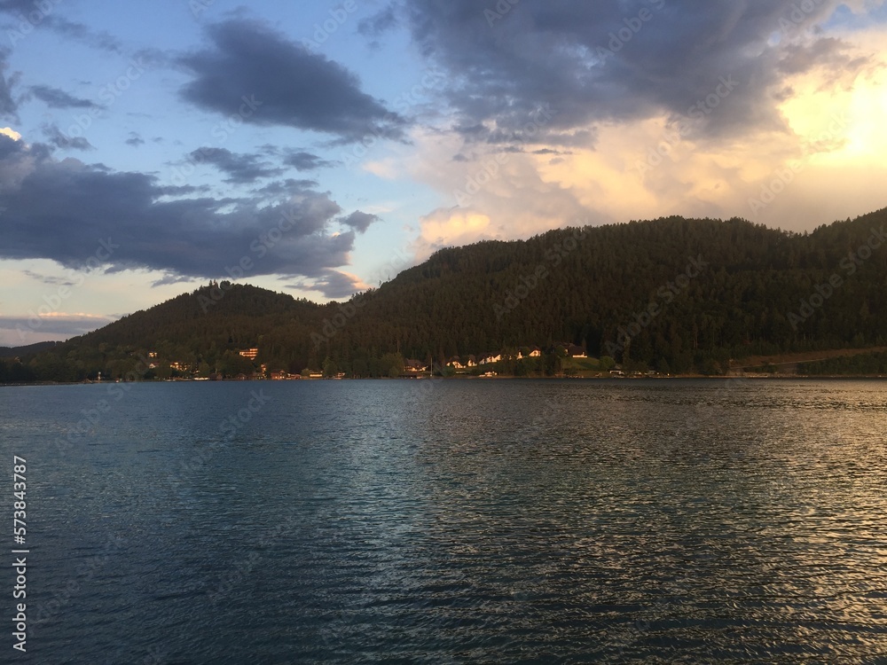 Wonderful sunset scenery at Lake Klopeinersee in Carinthia in Austria