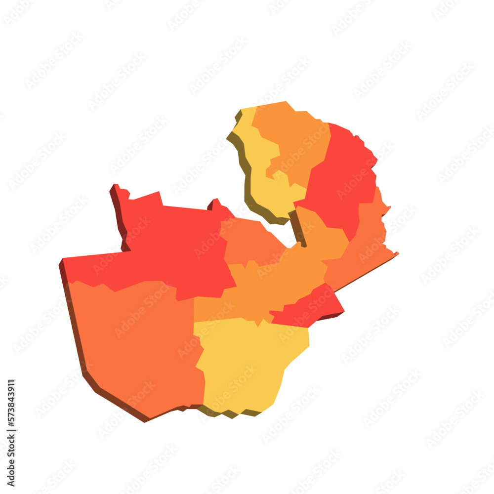 Zambia political map of administrative divisions - provinces. 3D map in shades of orange color.
