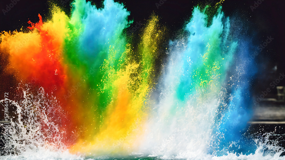 abstract splashing water waves in rainbow vivid colors, generative AI