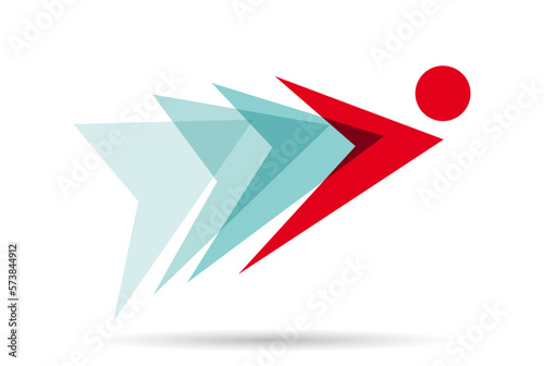 Man flying to the future. Abstract shape of dip in pool with arrows. Vector logo