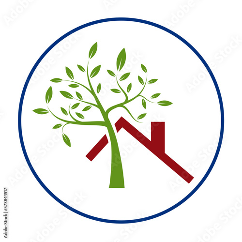 Tree coming out of the roof of a house. Energy saving concept. Ecological hom. Vector logo
