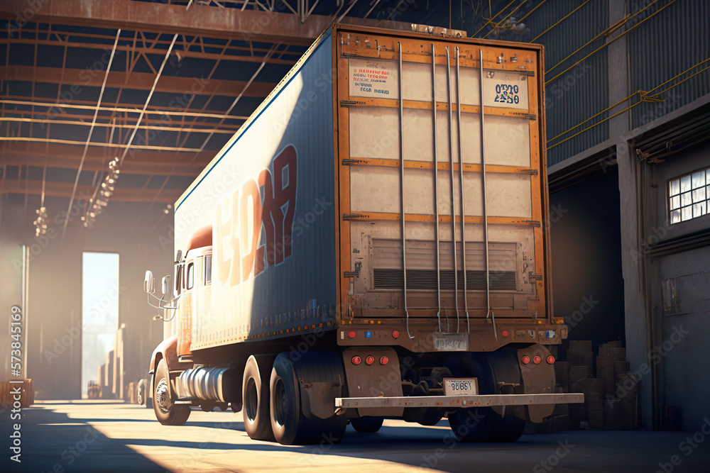 Back view of cargo truck in warehouse. Generative AI illustration. Back view of cargo truck in warehouse. Generative AI illustration.