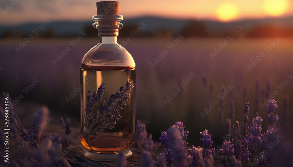 lavender essential oil in clear bottle in lavender field. Generative AI lavender essential oil in clear bottle in lavender field. Generative AI