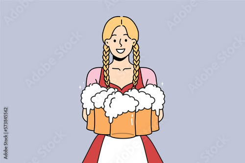 Smiling woman in traditional costume holding glasses of beers. Waitress serving drinks of German festival. Oktoberfest event. Vector illustration. 