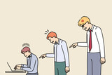 Manager scolding subordinate in office. Employer and boss lecturing supervising intern. Concept of work subordination and supervision. Vector illustration. 