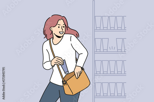 Woman stealing beauty product from shelf in shop. Suspicious female shoplifting in cosmetics store or boutique. Kleptomania. Vector illustration. 