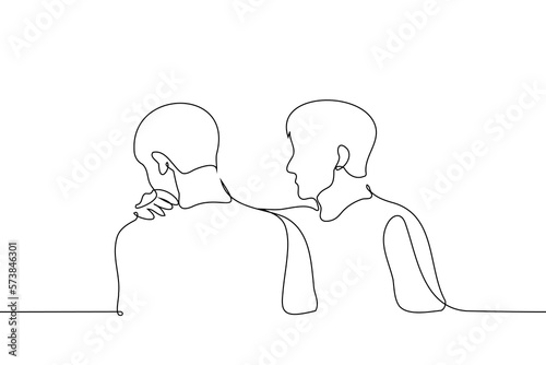 man is trying to stop a friend who is leaving or turning away from him by holding his shoulder - one line drawing vector. concept comfort, comfort, pay attention, be empathic and caring