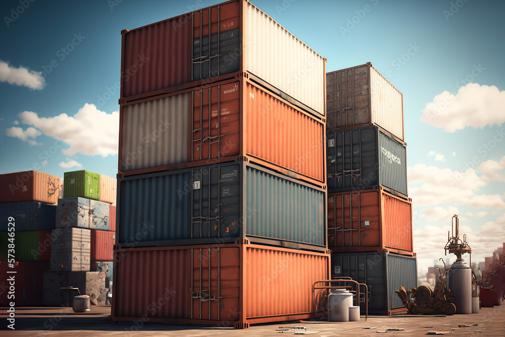 Fototapeta premium Containers waiting to be loaded. Generative AI illustration.