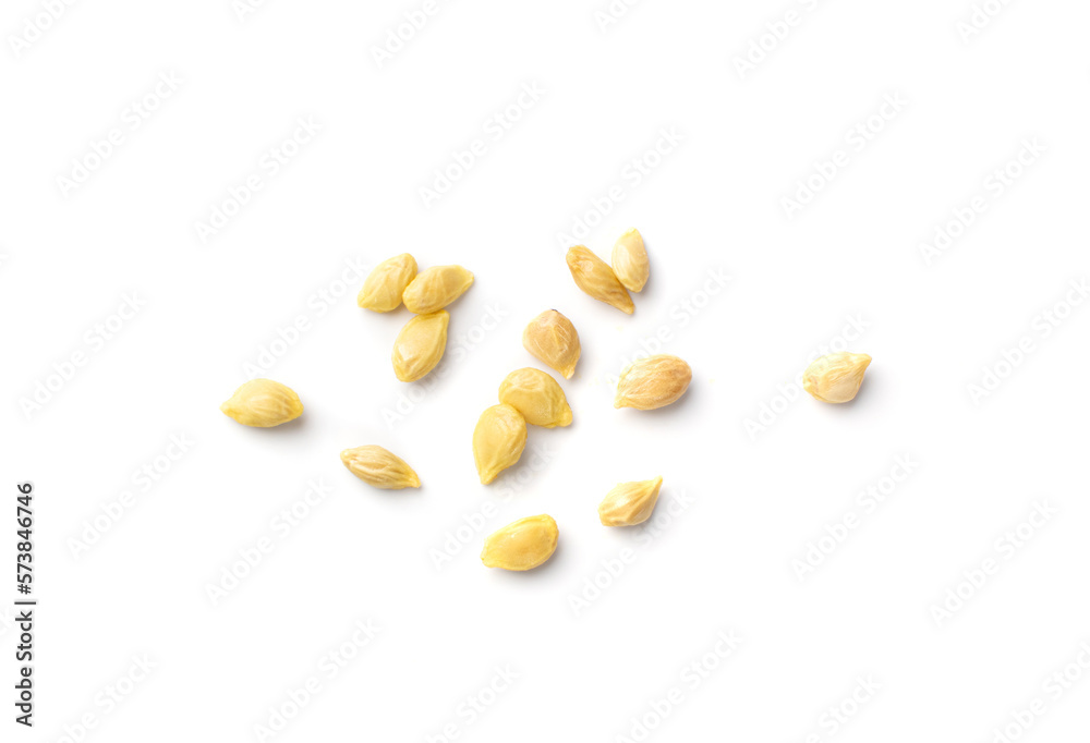 Mandarin Seeds Isolated, Tangerine Seed Pile, Fresh Citrus Grains, Lemon Seeds Isolated on White Top View