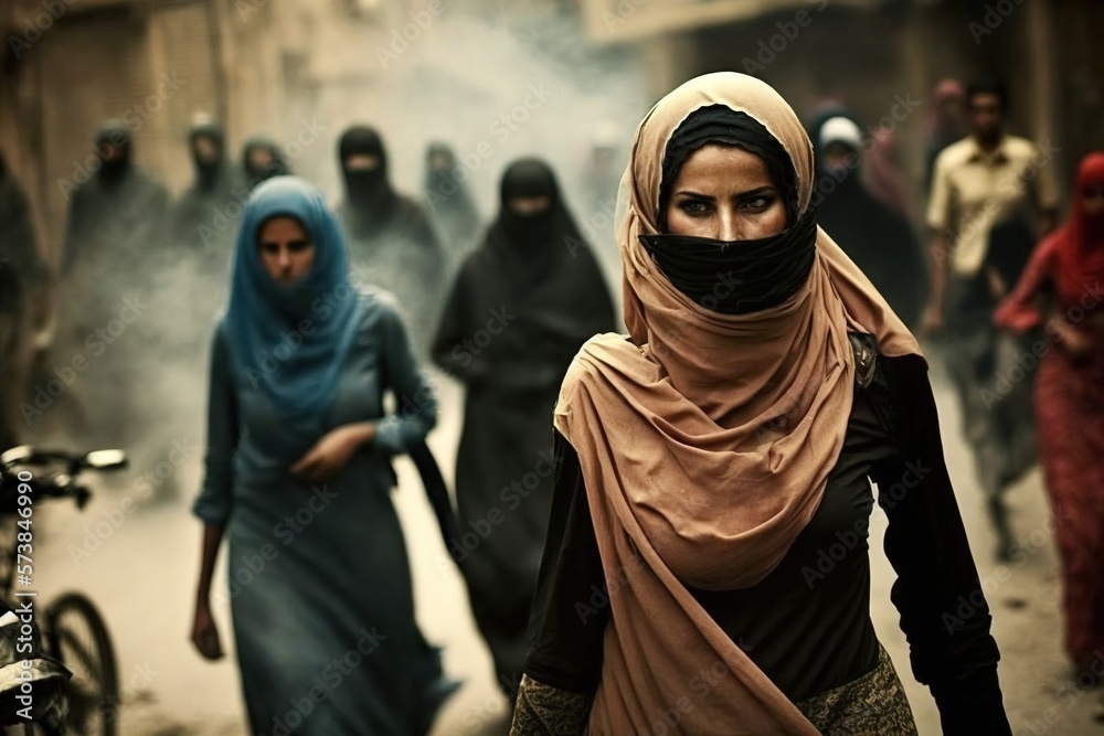 a fictional women rights concept of an Arabic woman with head scarf in a riot protest a fictional women rights concept of an Arabic woman with head scarf in a riot protest