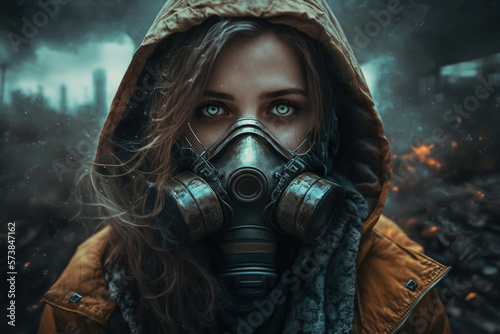 an illustration of a fictional person with a gas mask in an apocalyptic environmental disaster, toxic polluted wasteland
