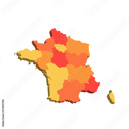 France political map of administrative divisions - regions. 3D map in shades of orange color.