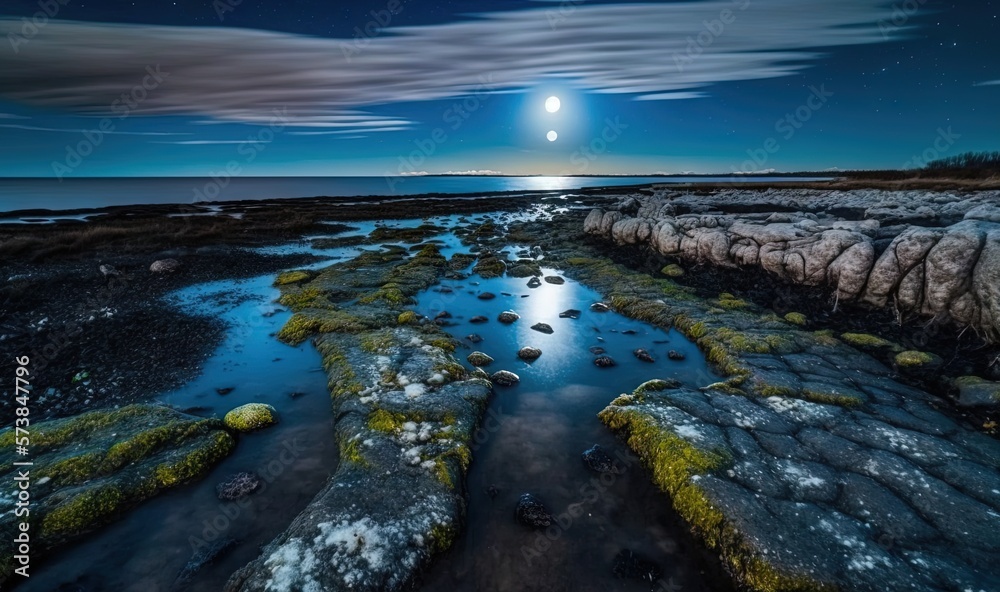  a full moon is seen over a rocky shoreline at night.  generative ai