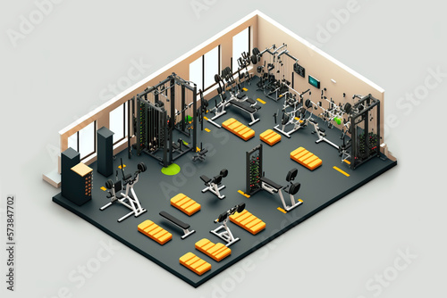 Perspective modern fitness gym, isometric style. Generative AI illustration. photo
