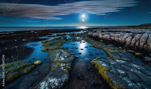  a full moon is seen over a rocky shoreline at night. generative ai