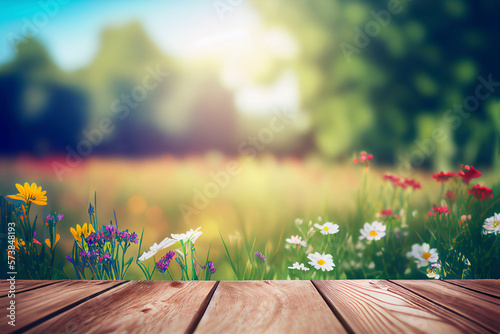 Wildflowers and wooden table background created with generative Ai technology