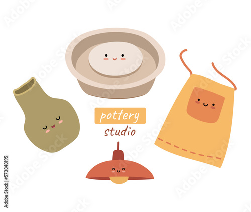 Set of pottery studio related objects like apron, lamp, pot, wheel. Cute kawaii stickers for kids pottery classes