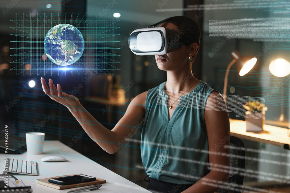Vr, 3d earth and business woman in office with global overlay, digital hologram or cyber network at night. Virtual reality, world metaverse and female with holographic future globe for globalization - obrazy, fototapety, plakaty 