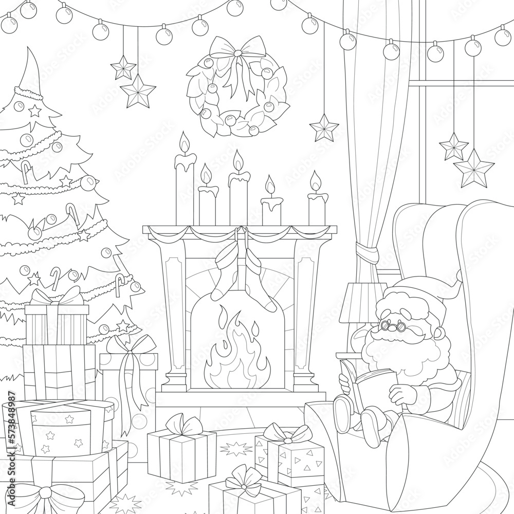 Cartoon Santa Claus character reading book in armchair in living room sketch template. Graphic winter season vector illustration in black and white for game. Coloring paper, page, childrens story book Cartoon Santa Claus character reading book in armchair in living room sketch template. Graphic winter season vector illustration in black and white for game. Coloring paper, page, childrens story book