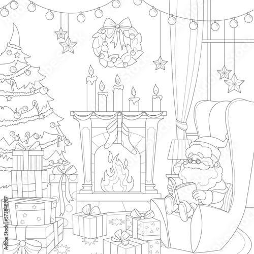 Cartoon Santa Claus character reading book in armchair in living room sketch template. Graphic winter season vector illustration in black and white for game. Coloring paper, page, childrens story book