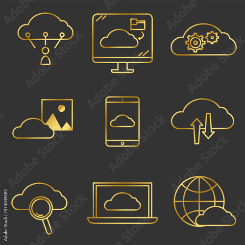Icons set of Cloud storage. Group of pictograms for online backup. Isolated on black background. Vector eps10. Gold colors gradient