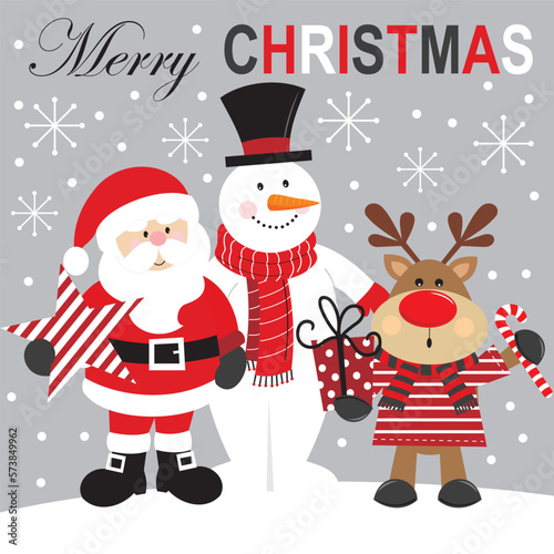christmas card with santa claus, snowman and reindeer