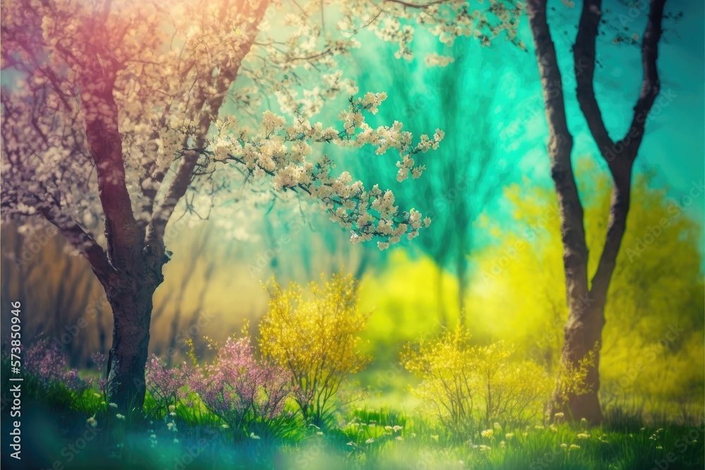 Fototapeta premium Beautiful blurred spring background nature with blooming glade, trees, and blue sky on a sunny day generative ai illustration