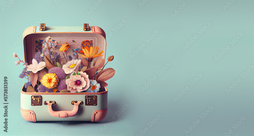 Suitcase filled with spring and summer flowers, pastel color, creative positive lifestyle, self care and traveling concept, generative AI - obrazy, fototapety, plakaty 