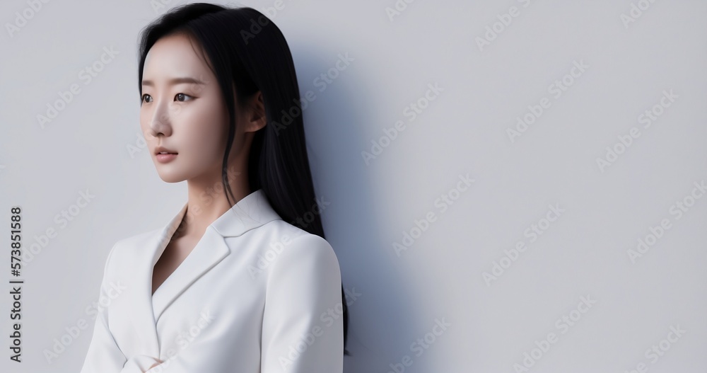 Beautiful asian-korean woman, portrait, on the wall, grey back ground created by Generative A.I Beautiful asian-korean woman, portrait, on the wall, grey back ground created by Generative A.I