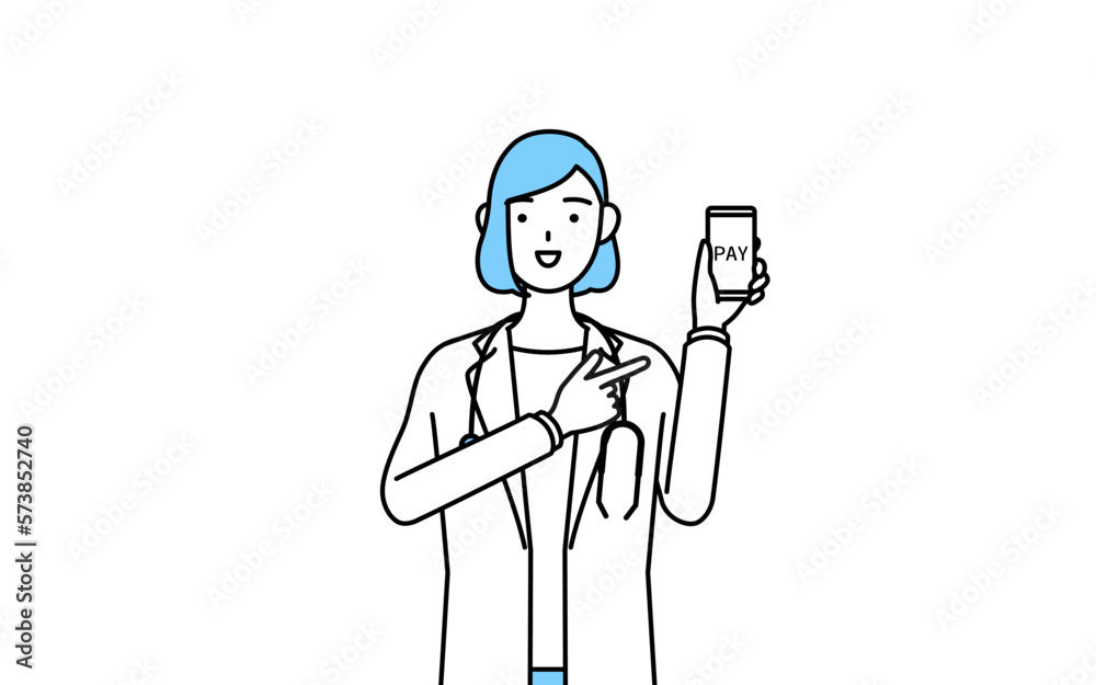 スマホのキャッシュレス・オンライン決済を勧める白衣を着た女性医師 スマホのキャッシュレス・オンライン決済を勧める白衣を着た女性医師