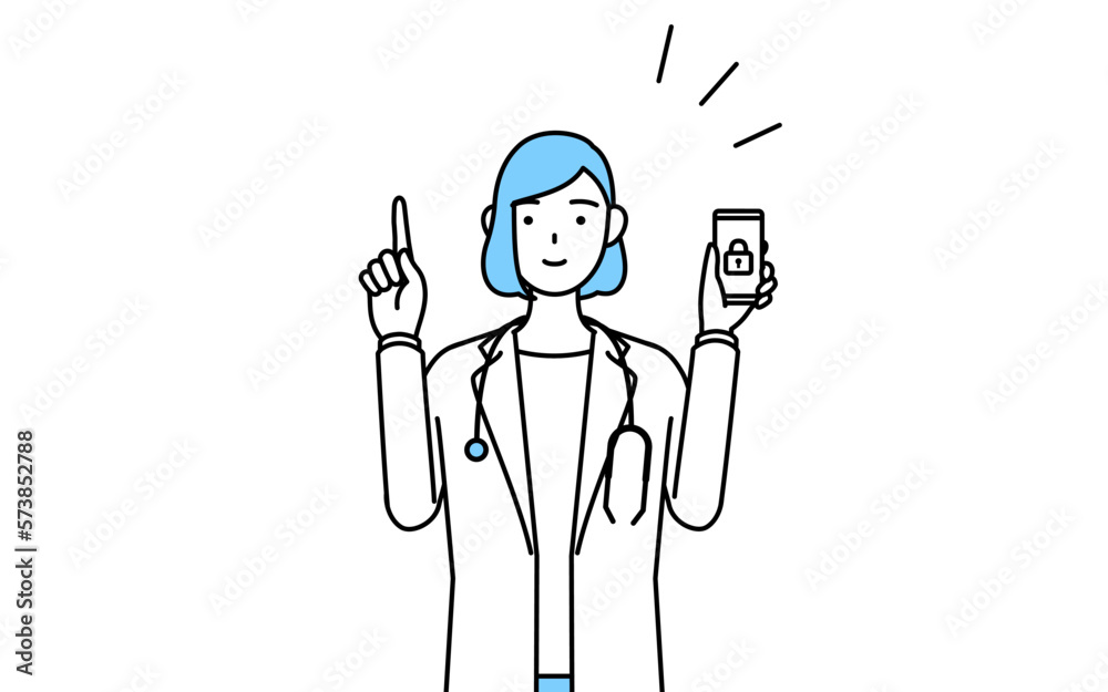 スマホのセキュリティ対策をする白衣を着た女性医師