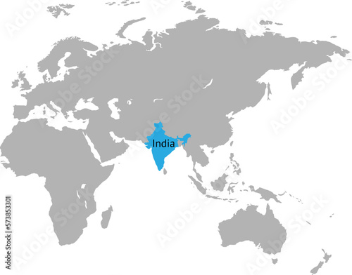 India marked by blue in grey World political map. Vector illustration.