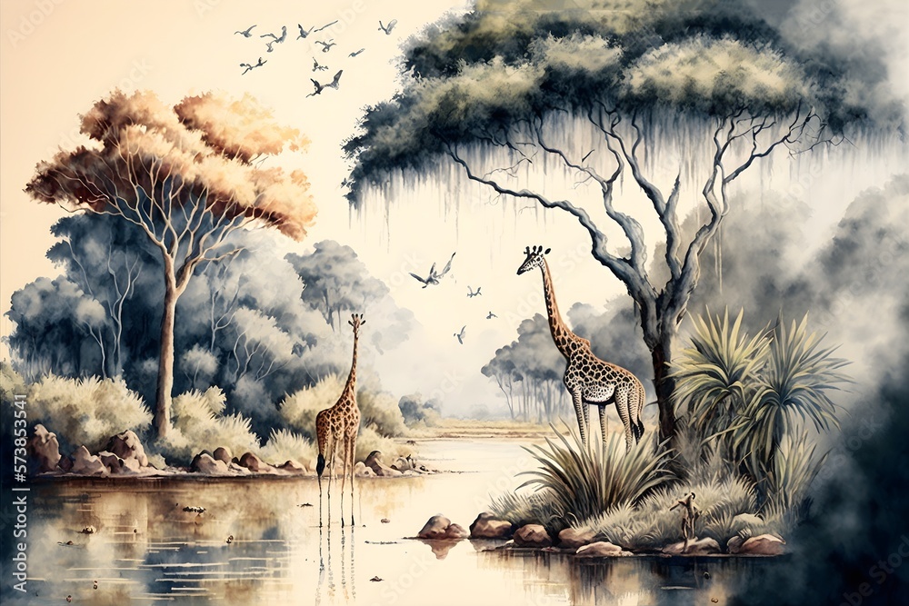 Watercolor painting style, high quality digital art, landscape on an African tropical forest with trees next to a river with giraffes and birds - obrazy, fototapety, plakaty 