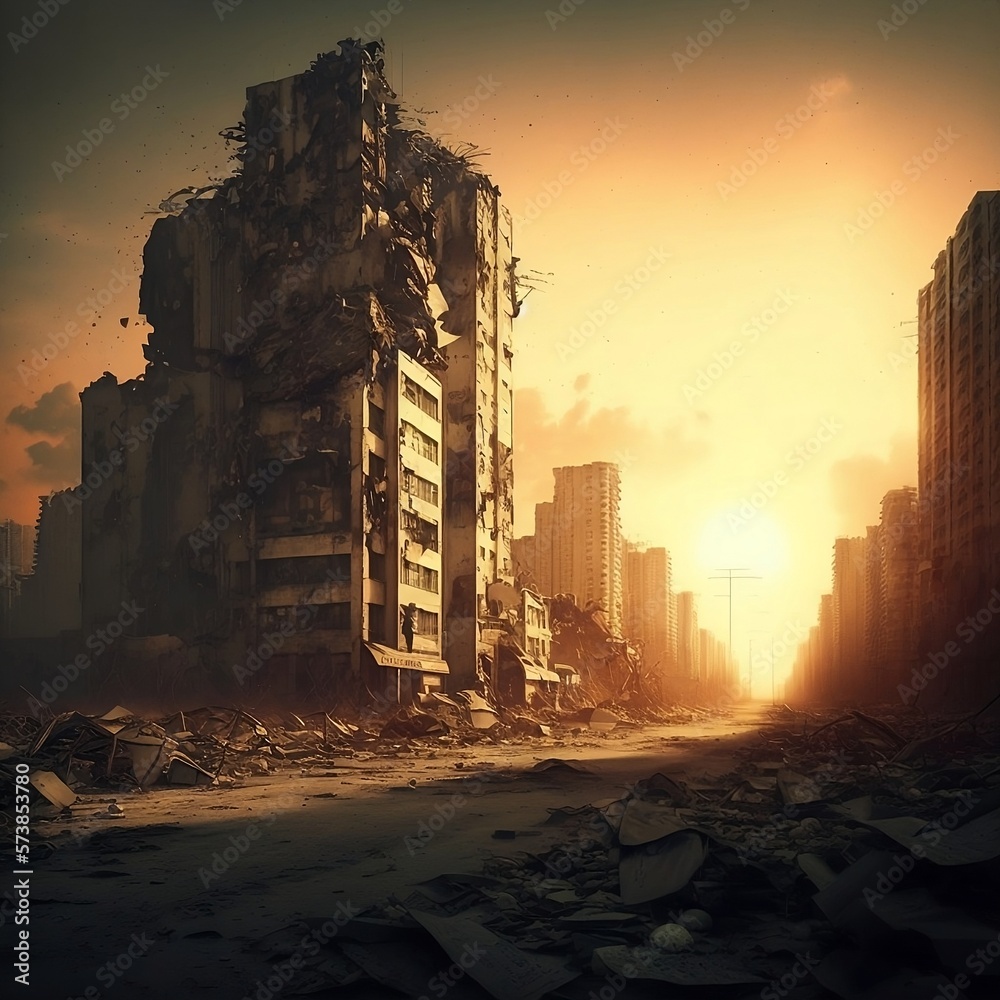 An apocalyptic view of a burning city building following the Second World War, generative AI