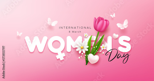 Foto Happy women's day with tulip flowers and butterfly banner design on pink background, EPS10 Vector illustration