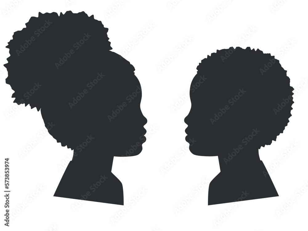 Silhouettes of afro kids faces. Outlines boy and girl in profile. Vector illustration