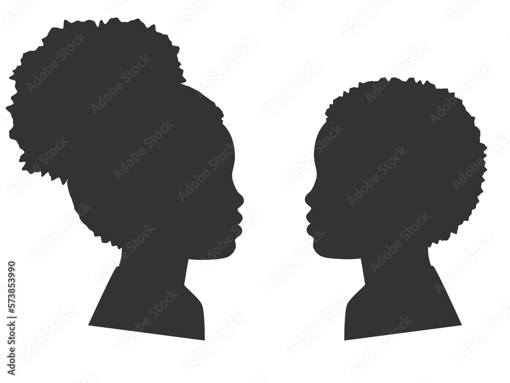 Silhouettes of afro kids faces. Outlines boy and girl in profile. Illustration on transparent background