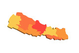 Nepal political map of administrative divisions - provinces. 3D map in shades of orange color.