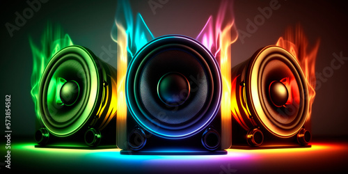 Illustration of neon light sound speakers music boxes AI generated content