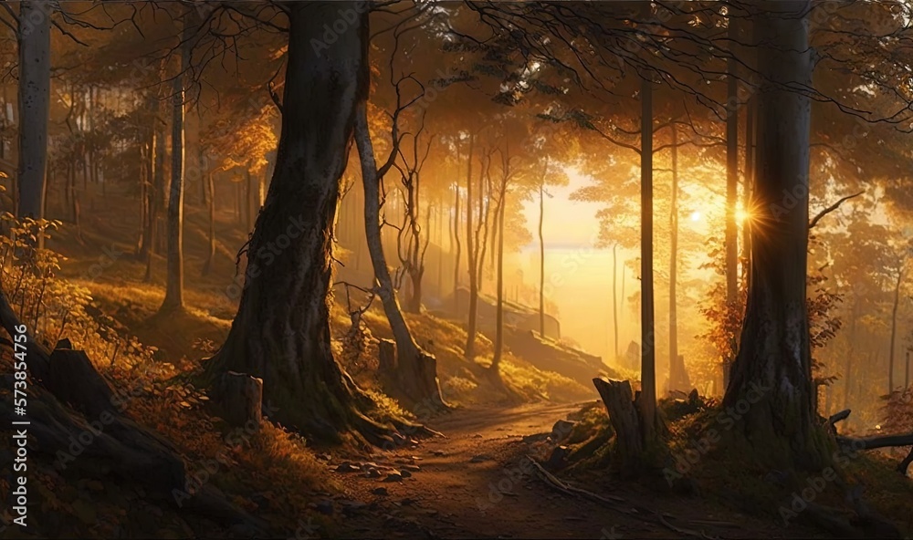  a painting of a path in a forest with the sun shining through the trees.  generative ai