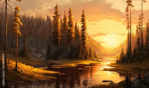  a painting of a sunset over a lake in a forest. generative ai