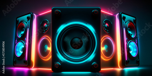 Illustration of neon light sound speakers music boxes AI generated content photo