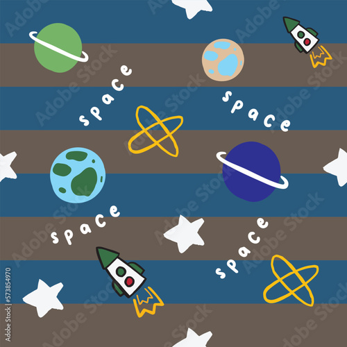 SPACE PLANET STARS ROCKETS GALAXY MOTIF CONVERSATIONAL WITH STRIPE DETAIL BACKGROUND SEAMLESS PATTERN VECTOR