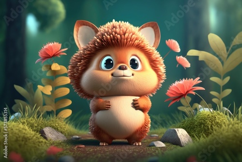 a cute adorable character stands in nature in the style of children-friendly cartoon animation fantasy generative ai 3D style Illustration 