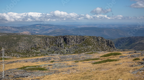 Panoramic view from the top of the mountains of the Serra da Estrela natural park, Star Mountain Range, low clouds and mountain landscape