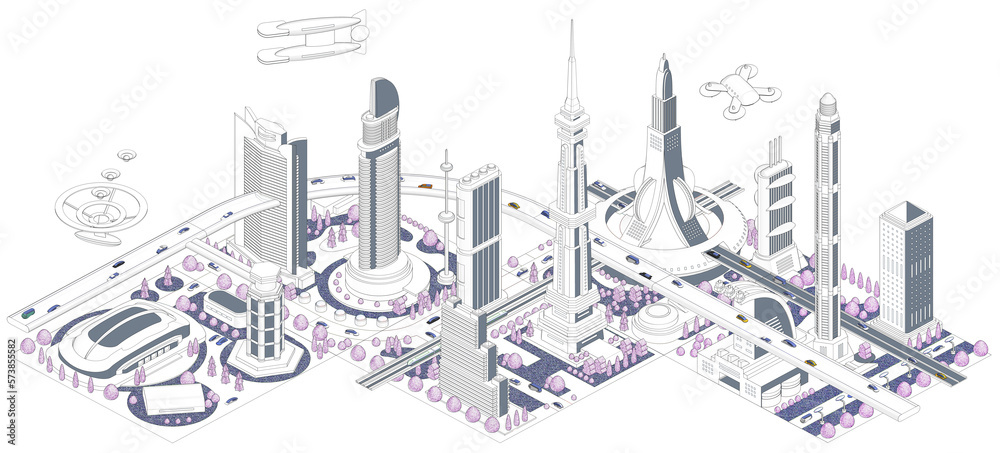 ブロックのように組み合わせれば大きな未来都市になる街並みイラスト「ブロックタウン未来都市B 」バリエーションあり