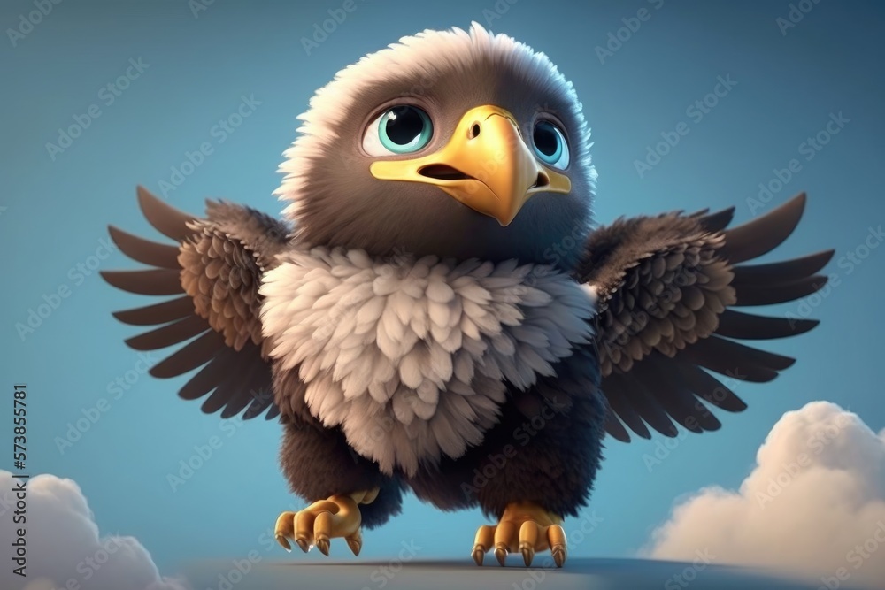Obraz premium a cute adorable baby eagle character stands in nature in the style of children-friendly cartoon animation fantasy generative ai 3D style Illustration 