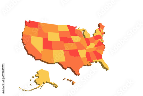 United States of America political map of administrative divisions - states and federal district Washington, D.C. 3D map in shades of orange color.